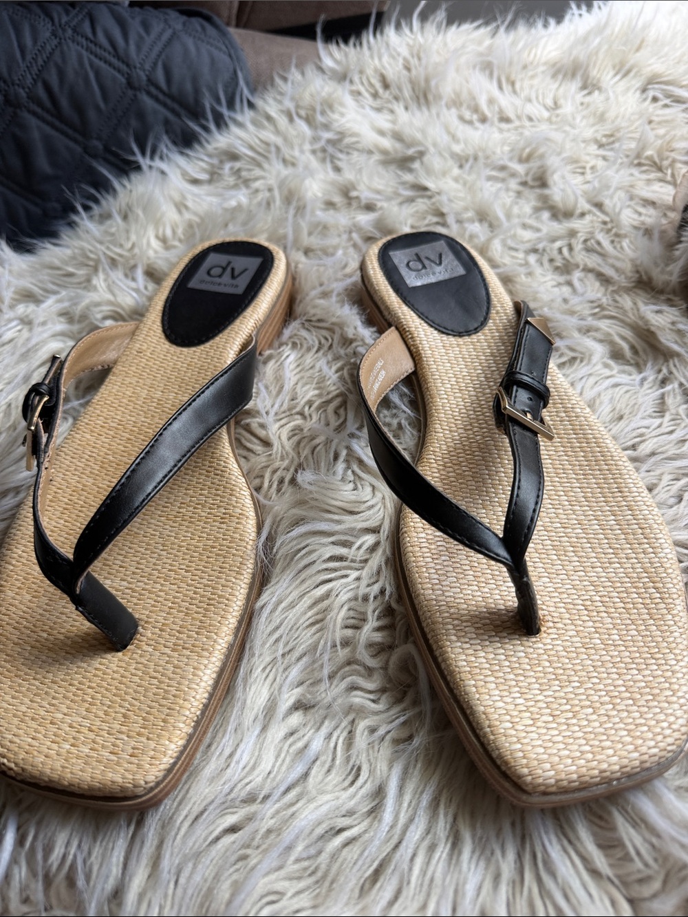DV by Dolce Vita Black Leather Thong Sandals with Natural Woven Footbed